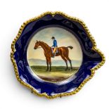Royal Worcester round bowl depicting a race horse and jockey, signed by artist Harry Davis, cobalt
