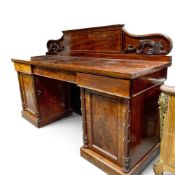 A Victorian mahogany two door pedestal sideboard with raised back, H128cm x W203cm x D63cm.