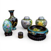 A collection of Chinese Cloisonne ware including a pair of ginger jars & covers, large vase, egg and