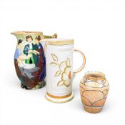 Early 20th century Burleigh Ware ceramic jugs, including The Runaway Marriage, Art Deco cream-