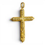 Yellow metal hollow bodied gold cross pendant, detailed filigree and floral engraving,