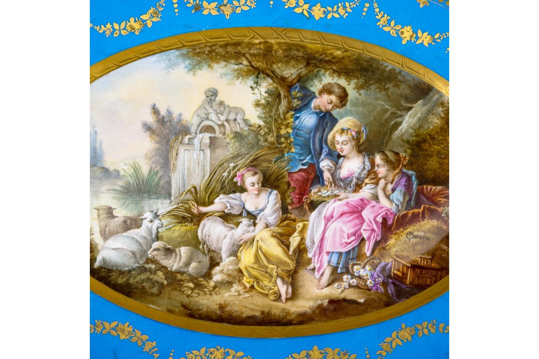 A large oval dish ornately decorated in the manner of Sevres porcelain, featuring a male and three - Image 3 of 9