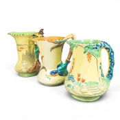 Early 20th century Burleigh Ware ceramic jugs, featuring Pied Piper with hand-painted castle scene