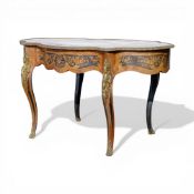 A good late 19th century French marquetry Kingwood inlaid single drawer centre table, shaped oval