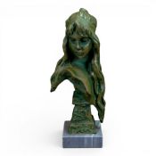 Bronze Art Nouveau female bust, Carmela, by french sculptor E. Villanis, 1858 - 1914. Circa 1900, on