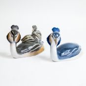 Royal Copenhagen porcelain Grebe with Ducklings No: 3194 together with Grebe No: 3263. H:-10cm (2)