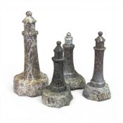 Cornish Serpentine stone lighthouse sculptures, carved from Serpentine stone with grey/red/black