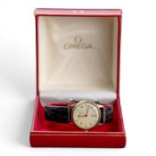 9ct gold Omega wristwatch, seconds dial, c1950, d.3.2cm including crown, boxed with worn leather