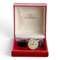 9ct gold Omega wristwatch, seconds dial, c1950, d.3.2cm including crown, boxed with worn leather