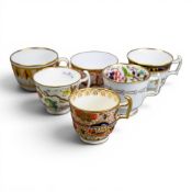 A collection of 19th century porcelain tea cups in various patterns from different manufacturers,