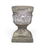 Large reconstituted stone urn decorated with Acanthus leaf design. H:84cm x W:55cm