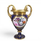 Early 19th century porcelain twin-handled urn-shaped vase, featuring cobalt blue ground with heavily