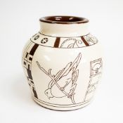 Dennis China Ware, a red earthenware cream slip and sgraffito decorated vase, designed by Sally