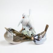 Royal Copenhagen Porcelain birds to include:- Lovebirds No:402, Starling Fledgling No:3270,