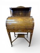 19th century inlaid mahogany cylinder writing desk. Fluted legs, detailed urn and floral marquetry