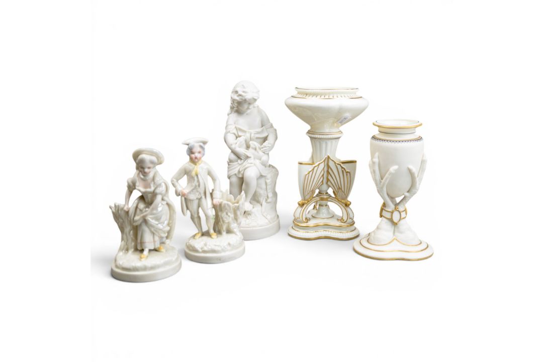 A group of ceramic pieces to include a pair of figures, boy & girl, both plainly decorated but - Image 1 of 12
