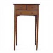Edwardian inlaid mahogany tall side table with three drawers, w.40 x d.28 x h.73cm.