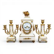 19th French white marble & gilt bronze clock garniture set, clock height 33cm. (3)