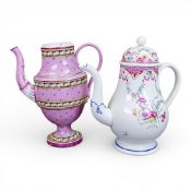 Late 18th century Pearl Ware coffee pot, hand-painted in polychrome enamels with elaborate floral