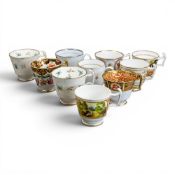 A collection of 19th century porcelain tea cups in various patterns from different manufacturers