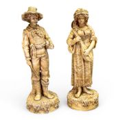 Robinson & Leadbetter Parian porcelain figurines depicting a gentleman and a lady holding musical