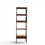 19th century mahogany four tier mahogany whatnot, on turned supports with single draw, w.46 x d.35 x