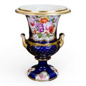 Early 19th century porcelain twin-handled Campagna urn-shaped vase, featuring cobalt blue ground