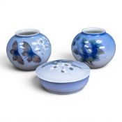 Royal Copenhagen porcelain hand-painted vases, decorated with morning glory flowers on one vase,