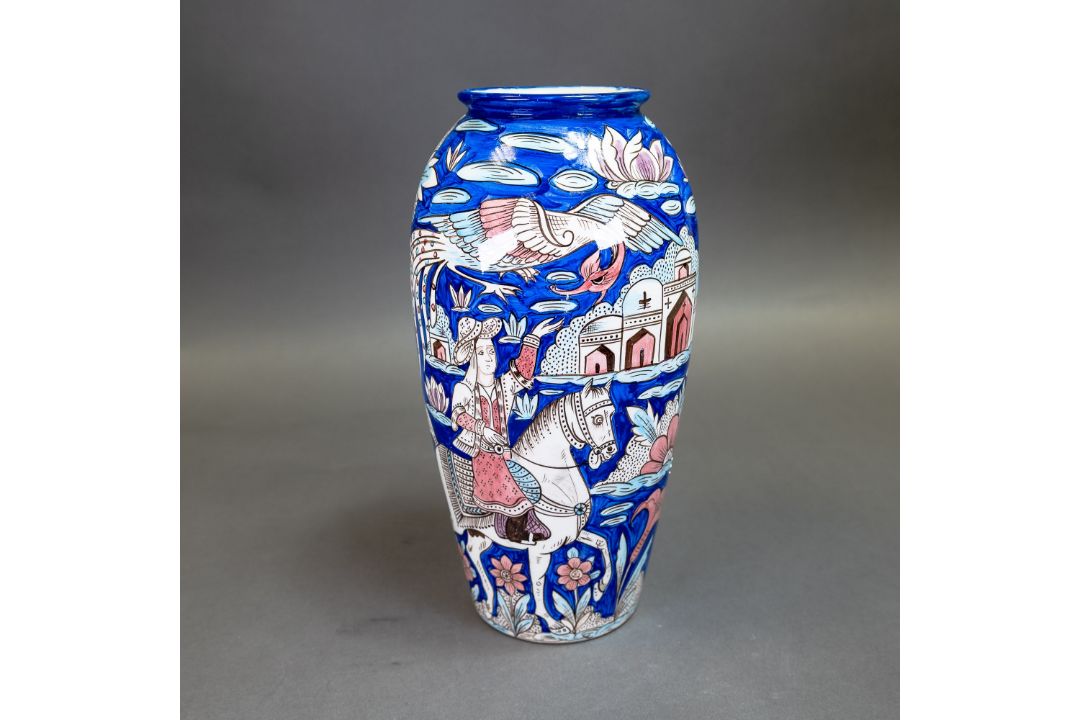 Wade prototype vase, decorated in a Persian/middle eastern style with a figure on horse back with - Image 2 of 7