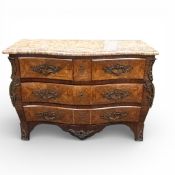 French Louis XV style bombe two over two chest of drawers, with parquetry inlay, shaped marble top &