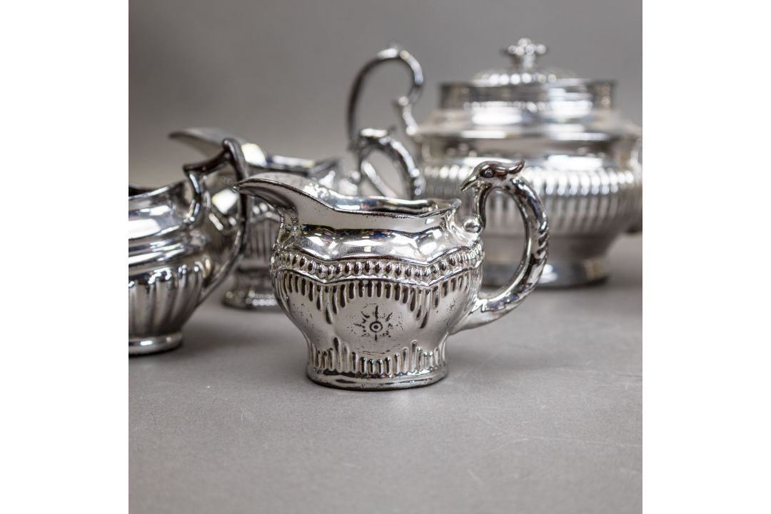 Late 19th/early 20th century ceramic chrome Lustre glaze tea pot, covered hexagonal, fluted sugar - Image 3 of 10