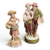 Royal Dux figure of a lady carrying a basket of flowers, together with a figural group of a man