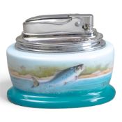 A Minton Bone China table lighter, featuring a hand-painted leaping salmon design, signed J. Wood,