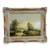 Gudrun Sibbons (1925-2020) A Dutch riverside scene with figures, oil on board. Signed lower left,