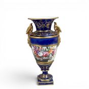 Early 19th century porcelain twin-handled ovoid-shaped vase, featuring cobalt blue ground with
