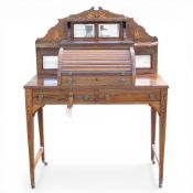 Edwardian rosewood inlaid ladies cylinder writing desk, pull out leather writing slope with two