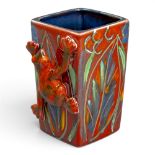 Anita Harris Tree Frog on a medium square vase H22cm. Gold signed.