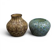 Jessie Tait, hand-painted ceramic vases, featuring detailed floral and geometric band work, circa