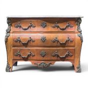 French Louis XV style Bombe chest of three drawers, with parquetry inlay, shaped marble top & ornate