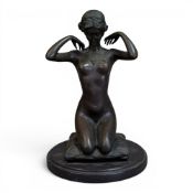 After Paul Ponsard, a bronze sculpture of a kneeling nude woman with arms raised with necklace, on