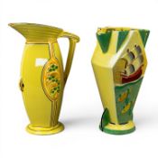 Burleigh Ware, Art Deco jugs, in vibrant yellow, with embossed orange and green design, 5704, the