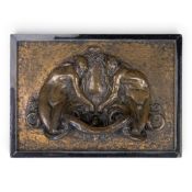 Art Nouveau bronze rectangular plaque featuring naked male & female figures either side of a water