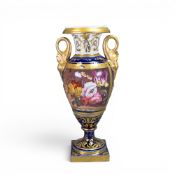 Early 19th century porcelain twin-handled Elgin-shaped vase, featuring cobalt blue ground with