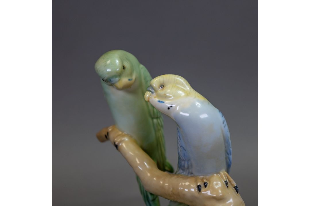Wade underglaze model of a pair of Budgerigars by Faust Lang, dated 1939. (H: 19.5cm) - Image 2 of 6