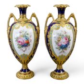 Desire Leroy for Royal Crown Derby, a superb pair of floral painted two handled gilded vases, c1900,