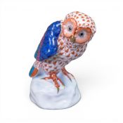 Herend Porcelain multicoloured Owl perched on a rock. (H: 12cm)