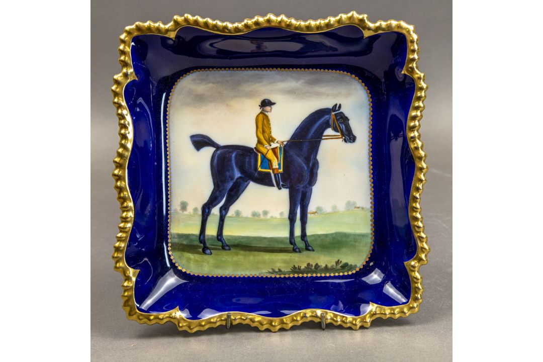 Royal Worcester square bowl depicting a race horse and jockey, by artist Harry Davis, cobalt blue - Image 3 of 8