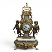19th century Brevettato Imperial brass and marble carriage clock, flanked by two cherubs holding