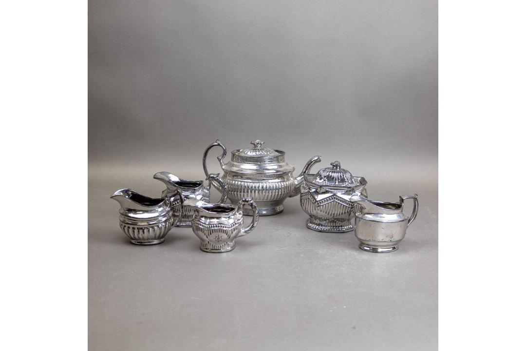 Late 19th/early 20th century ceramic chrome Lustre glaze tea pot, covered hexagonal, fluted sugar - Image 2 of 10