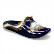 Meissen porcelain shoe, hand-painted on rich blue ground, gilt edge, oval reserve depicting scenes